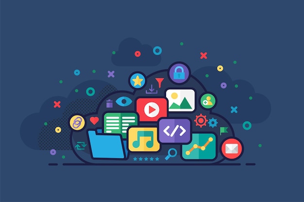 Vektor Cloud Storage Concept Illustration med moln med sådana symboler som grafik, dokument, musik eller ljud, video eller bio, bild eller foto, kod i modern platt stil. Vektor