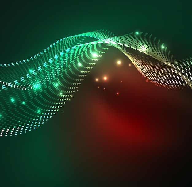 Vektör dalga parçacıkları arka planı 3D ışıklı dijital parlayan parçacık dalgası Fütüristik ve teknoloji vektör illüstrasyonu HUD modern öğesi