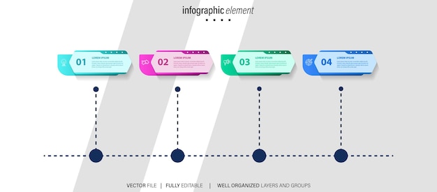 Vektor för etikettmall för infografik med ikoner, 4 alternativ eller steg. Infografik för affärskoncept