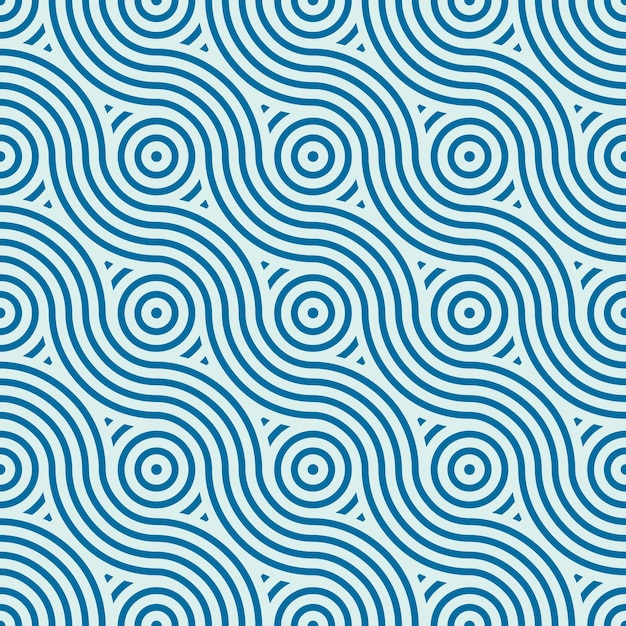 Vektor, geometriskt sömlöst mönster, abstrakt oändlig komposition skapad med överläggande lockar och cirklar. Blå bakgrund med sammanflätade kurvor.