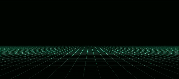 Vektor grönt perspektivraster på mörk bakgrund Prickar kopplade med linjer Digitalt cyberspace Nätverksanslutningsstruktur Vektorillustration för webbplats