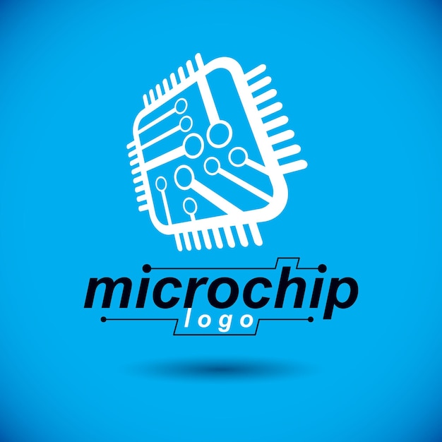 Vektor mikrochipdesign, CPU. Informationsteknologisk kommunikationselement, printkort i firkantet form. Abstrakt logo for mikroprocessorskema.