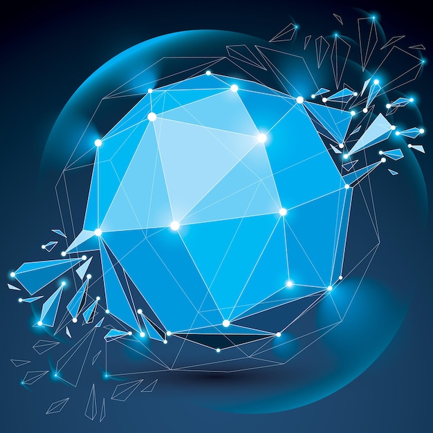 Vektordimensionellt trådram glittrande blått objekt med strålningscirklar, sfärisk demolerad form med partiklar och vrak. 3D-linjenät element brutet i bitar. Digital teknik konst.