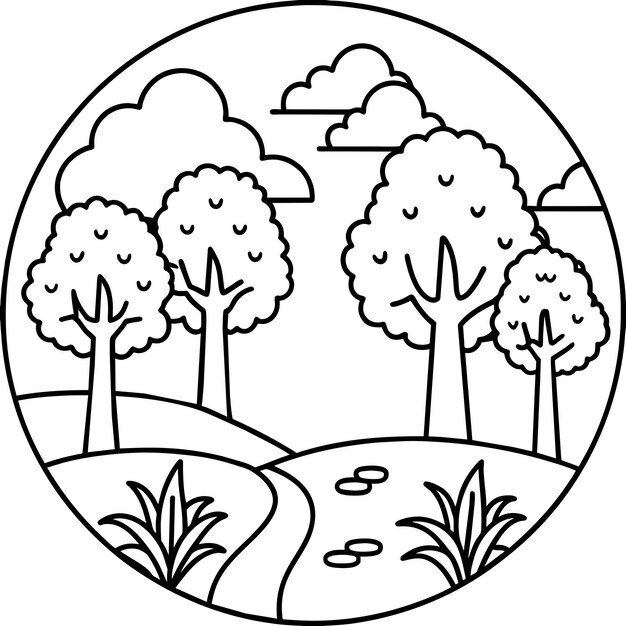 Vektorillustration af farvelægningstegning med flodbredskov