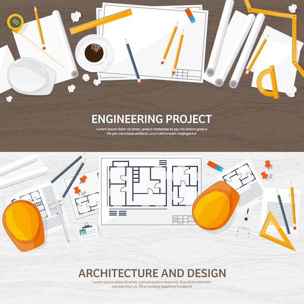 Vektorillustration af ingeniør- og arkitekturtegning og arkitektonisk byggeprojekt