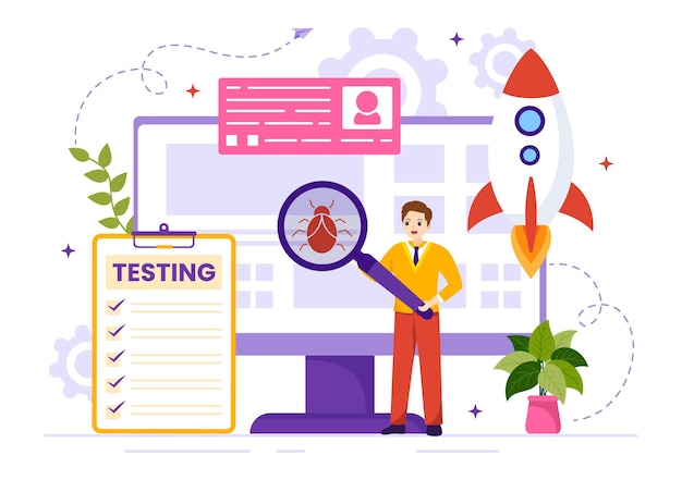 Vektorillustration af softwaretest med applikationsprogrammering og kodning i håndtegnede skabeloner