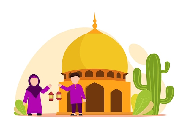 Vektorillustration grafisk av eid mubarak med muslimskt par vid moskén