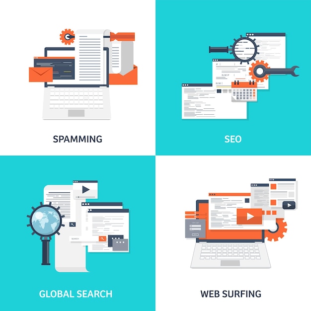 Vektorillustration platt bakgrund kodning programmering seo sökmotoroptimering app