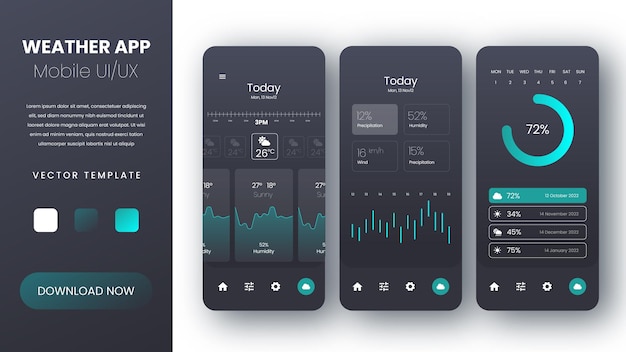 Vektormall för skärmdesign av väder-app. UX/UI-skärmskisser för mobilapplikation.