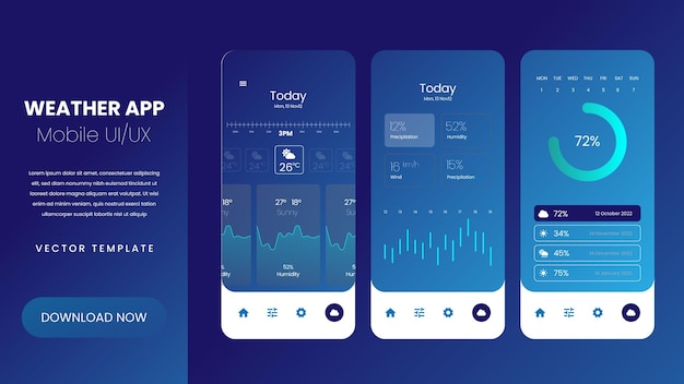 Vektormall för skärmdesign av väder-app. UX/UI-skärmskisser för mobilapplikation.