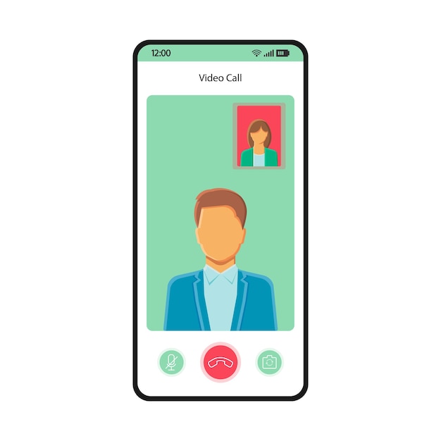 Vektormall för smartphones gränssnitt för videosamtal. Vit designlayout för mobilappsida. Konferens, online videochattskärm. Platt UI för applikation. Tyst, avvisa, ändra kamera. Telefonskärm