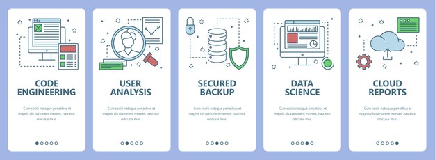 Vektorsæt af bannere med kode teknik, brugeranalyse, sikkerhedskopiering, datavidenskab, cloud rapport
