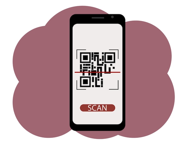 Vektorteckning av en mobiltelefon med en bild på skärmen av en QR-kod. Skanna eller generera