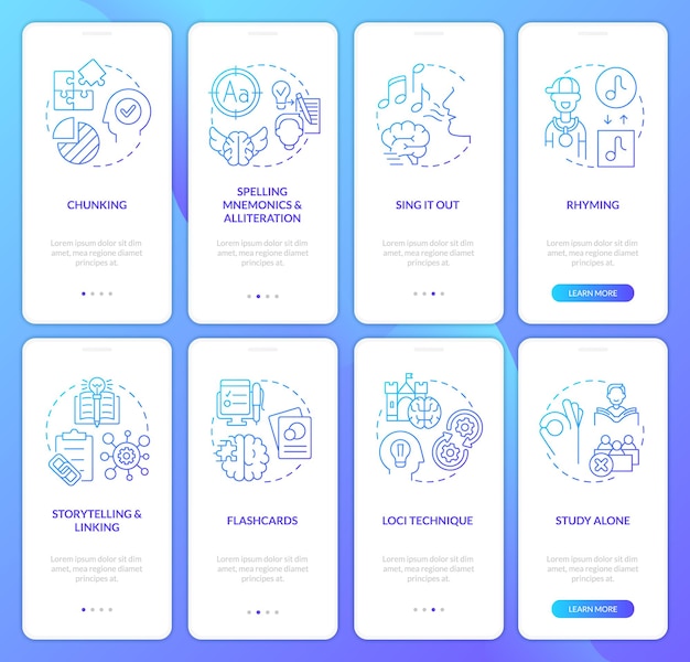 Verbal memorizing methods blue gradient onboarding mobile app screen set