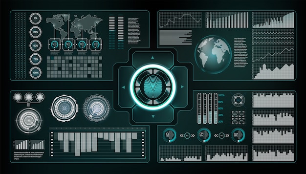 Verifieringsskannrar set. Finger Scan i futuristisk stil. Biometriskt ID med futuristiskt HUD-gränssnitt. skärmmonitor bakgrundsmall. Illustration av skanningsteknologikoncept. Identifiering