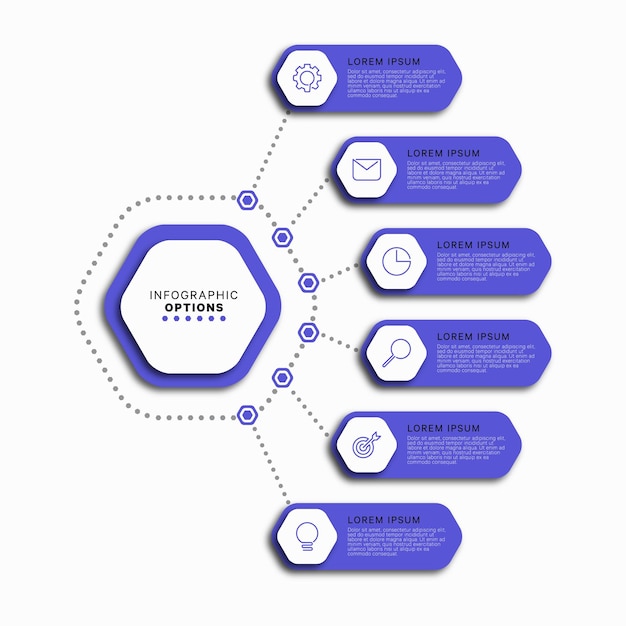 vertical business infographic template with six violet hexagonal elements on a white background
