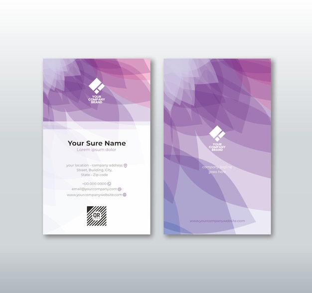 Vertical doublesided business card template with purple flower petals on a white background