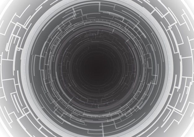 Vetenskaps- och tekniktunnel av cyberspace med partiklar. Futuristisk geometrisk form abstrakt bakgrund. HUD-cirkel på grå skärm. Oändlig portalgate och teleportering