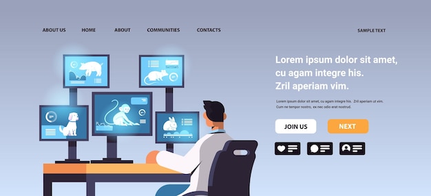 veterinary worker work on desktop with animals on screens scientist doing experiments in lab biological genetic engineering research portrait copy space vector illustration