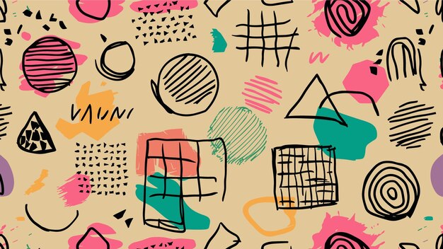vibrant and trendy abstract pattern consisting of a variety of geometric shapes handdrawn doodles