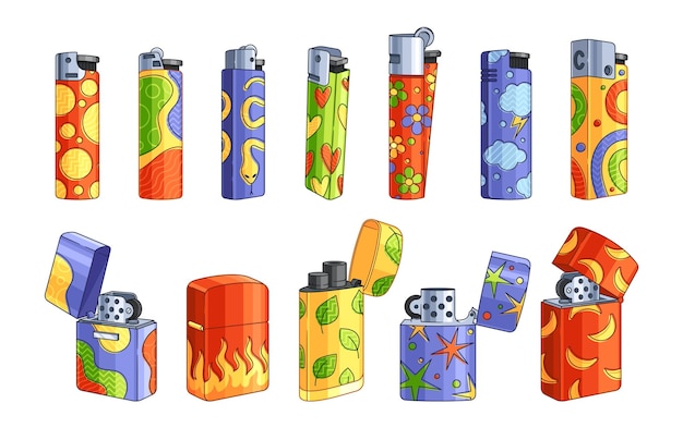 Vibrant Cartoon Collection Of Artistic Lighters Featuring Diverse And Colorful Fashionable Designs