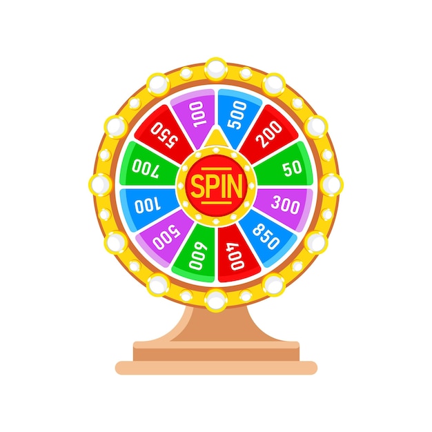 Vibrant prize wheel with various score sections and a central spin button surrounded by lights ideal