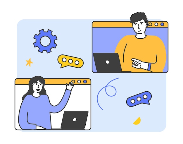 Video conference concept Young woman having videoconference with colleagues Corporate video call distant discussion Friends talking online Vector illustration in flat cartoon style