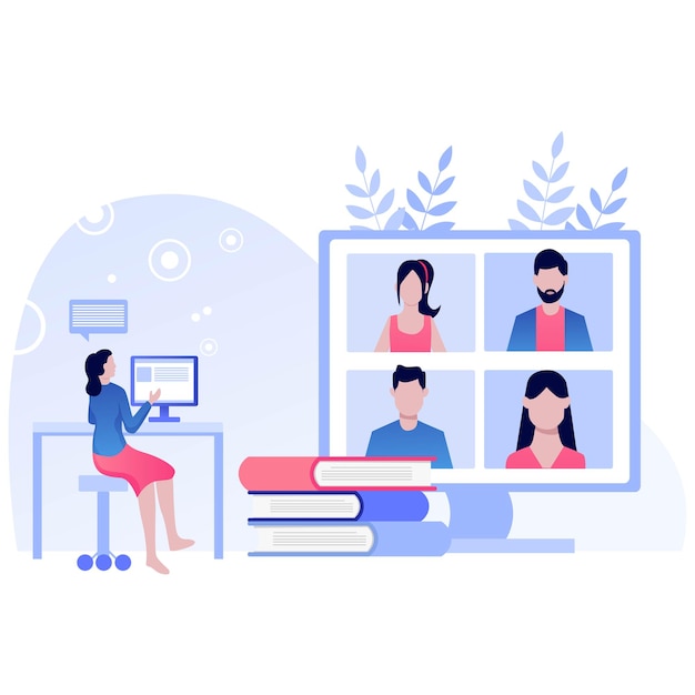 Video conference Illustration People on computer screen taking with colleague