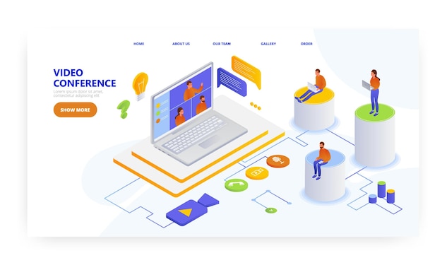 Video conference landing page design website banner vector template Business group meeting webinar online education