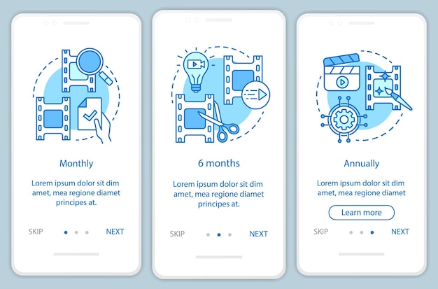 video editor subscription onboarding mobile app page screen with linear concepts. three walkthrough steps graphic instructions. monthly, annually tariff. ux, ui, gui vector template with illustrations