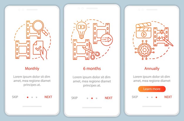 video editor subscription onboarding mobile app page screen with linear concepts
