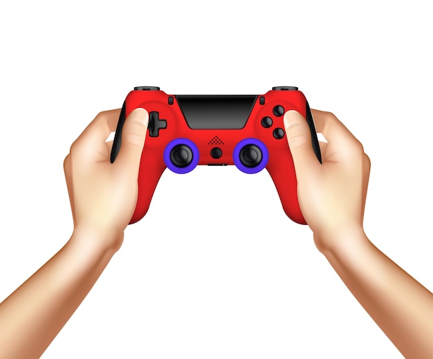 video game realistic design concept with wireless gamepad controller in human hands on white