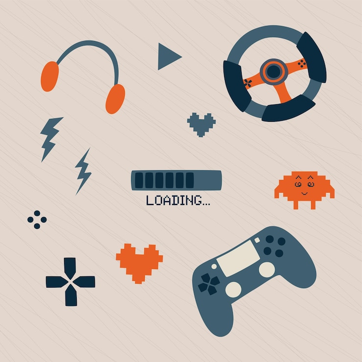 Vektör video gaming elements set game console joystick controller playing wheel isolated illustrations