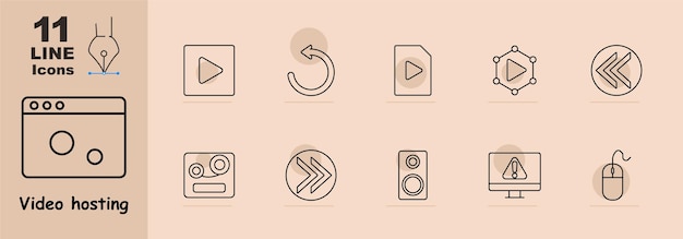 Video hosting set icon Video player file rewind speaker playback warning and mouse Highlights media sharing and streaming services