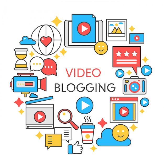 Videobloggning, platt linje-illustration.