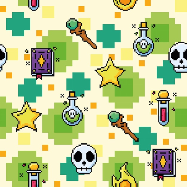 Videogame seamless pattern background with magic icons Vector