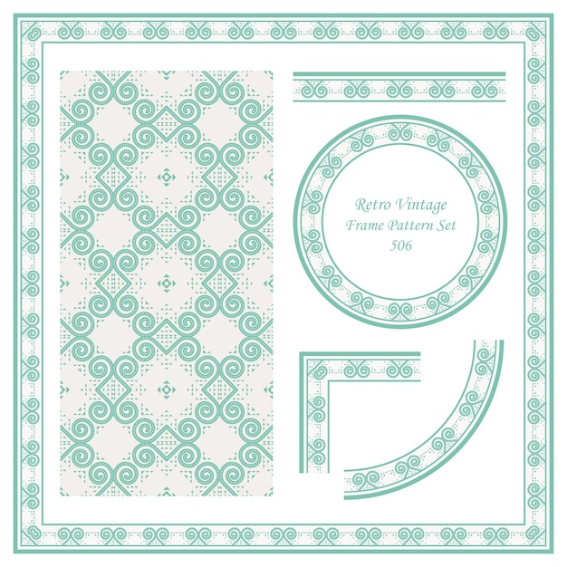 vintage border seamless pattern background set round spiral curve vortex triangle frame.