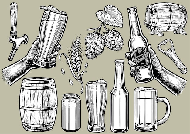 Vintage hand drawing of beer objects in set