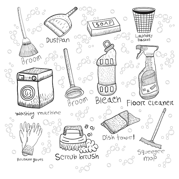 Vintage household cleaning products vector art and illustration of hand drawn objects