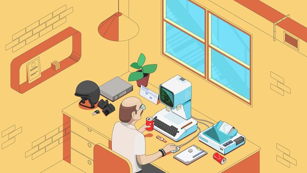 vintage illustration of office space in loft style office worker at his desk computer equipment