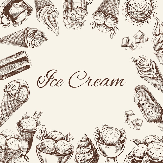 Vintage monochrome hand drawn ice cream template in a vintage doodle style
