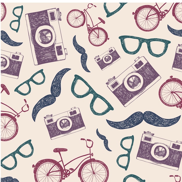  vintage, retro seamless hipster background with bicycles, cameras and glasses
