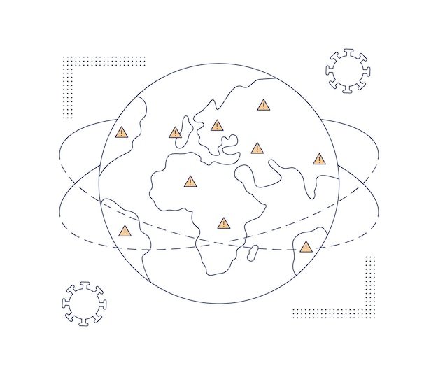 Viral disease outbreak world concept. Vector line illustration isolated on a white background.