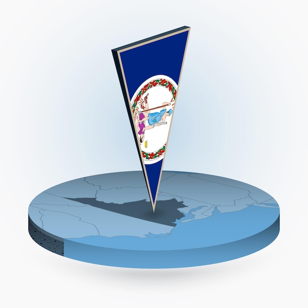 virginia map in round isometric style with triangular 3d flag of us state virginia