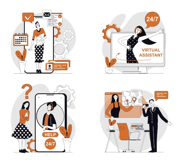 Virtual assistant concept set in flat design for web Collection with people using online operator help chatting with artificial intelligence bots talking and getting advices Vector illustrations