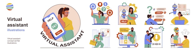 virtual assistant concept with character situations collection bundle of scenes people receive advice and solutions to problems in chats with consultants vector illustrations in flat web design