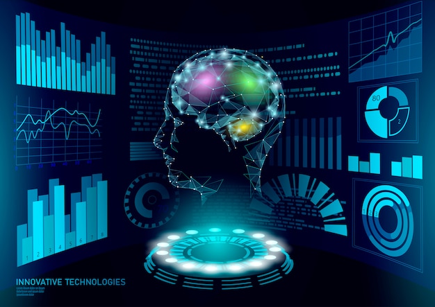 Virtual assistant HUD user display technology. AI artificial intelligence robot support. Chatbot human brain neural network low poly illustration