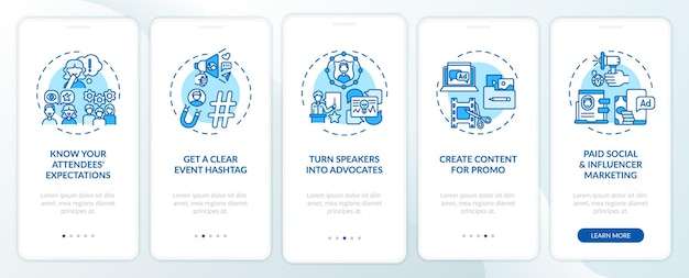 Virtual event marketing tips onboarding mobile app page screen with concepts
