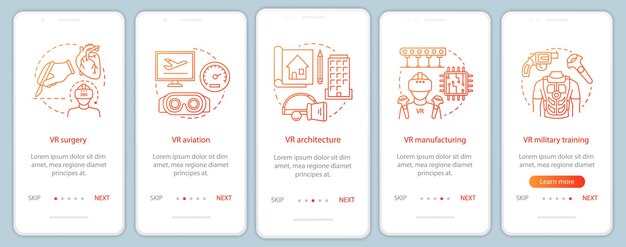virtual reality applications onboarding mobile app page screen with concepts. vr production, aviation, military, surgery walkthrough steps graphic instructions. ux, ui, gui vector template with icons