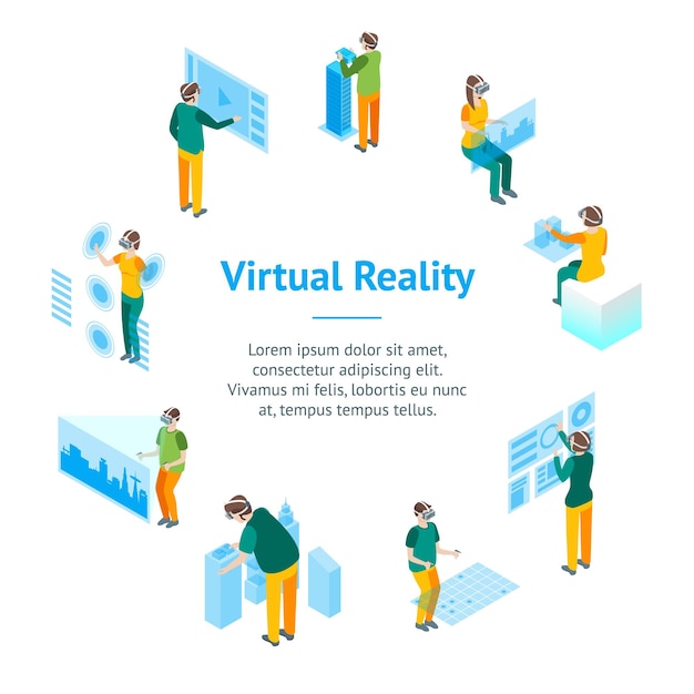 Virtual Reality Glasses Concept with People 3d Isometric View Banner Card Circle Technology Cyberspace Vector illustration of Vr